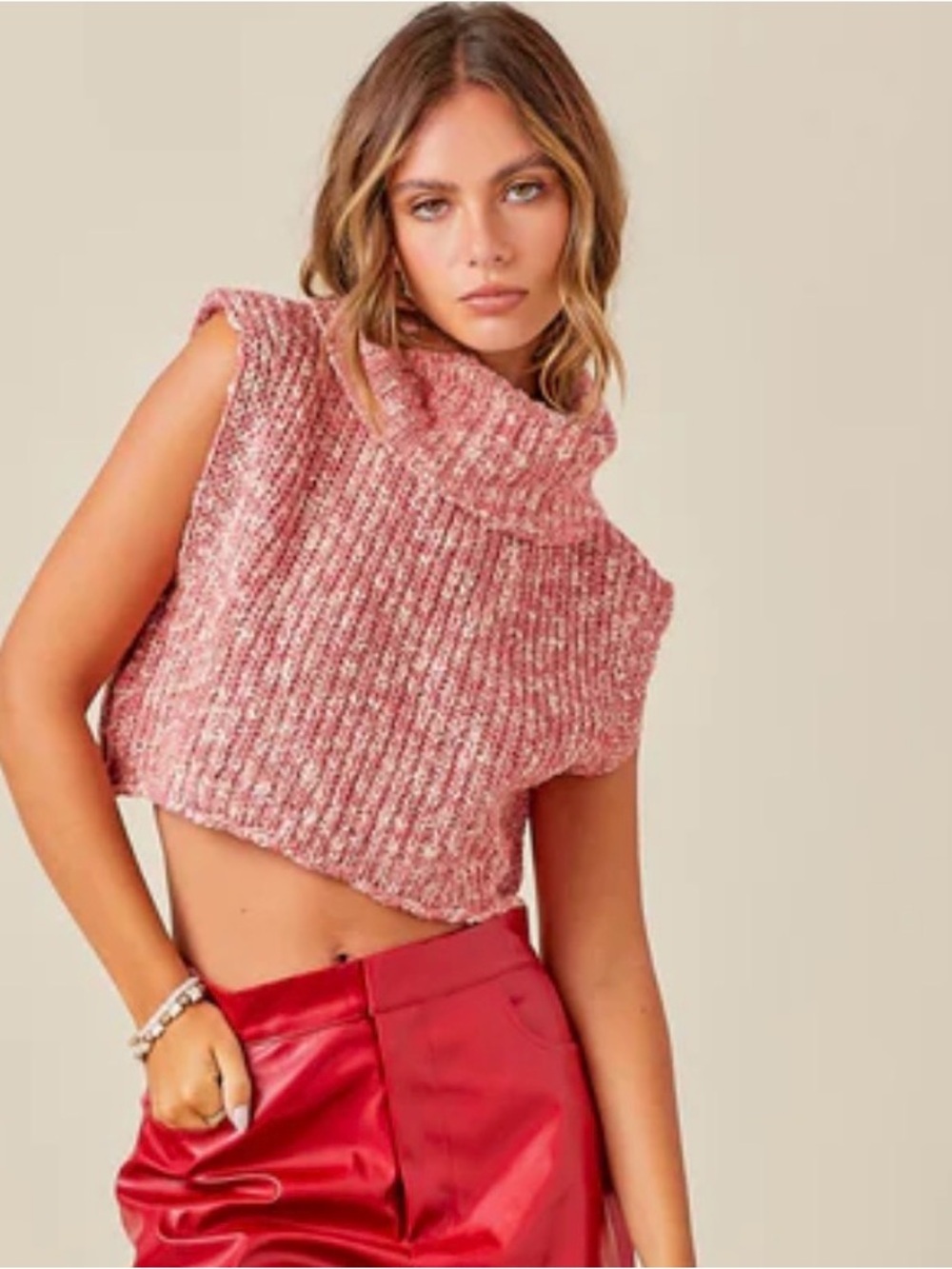 Lizard Thicket Cropped Sleeveless Turtleneck - Rose Pink Medium